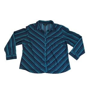 Vintage Ninety 3X Teal Blue Striped Button Up Long Sleeve Blouse preppy office